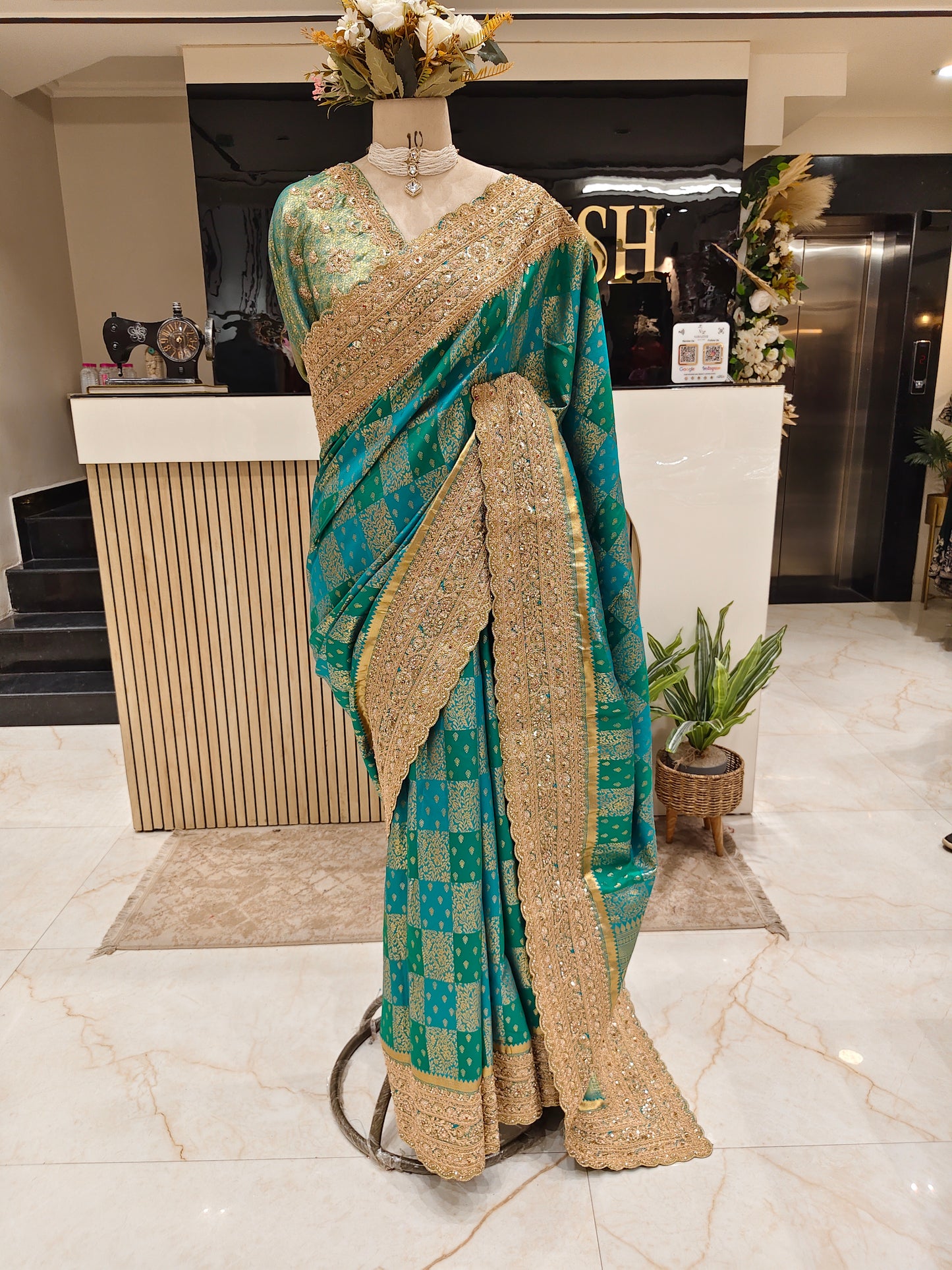 Bottle Green Silk Saree with Zari & Stone Work