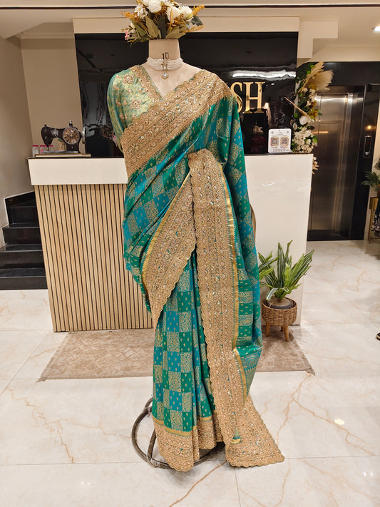 Bottle Green Silk Saree with Zari & Stone Work