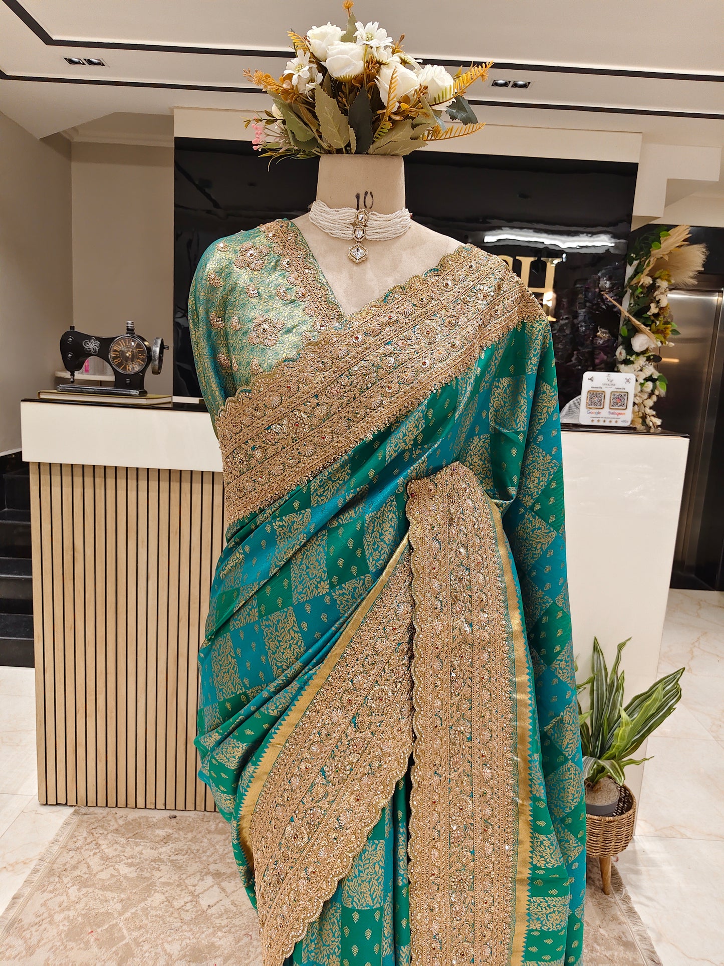 Bottle Green Silk Saree with Zari & Stone Work