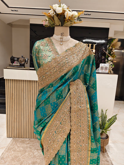 Bottle Green Silk Saree with Zari & Stone Work