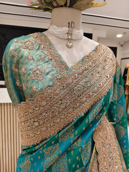 Bottle Green Silk Saree with Zari & Stone Work
