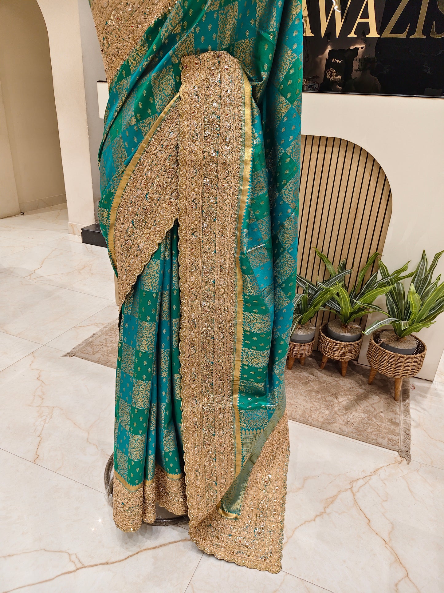 Bottle Green Silk Saree with Zari & Stone Work