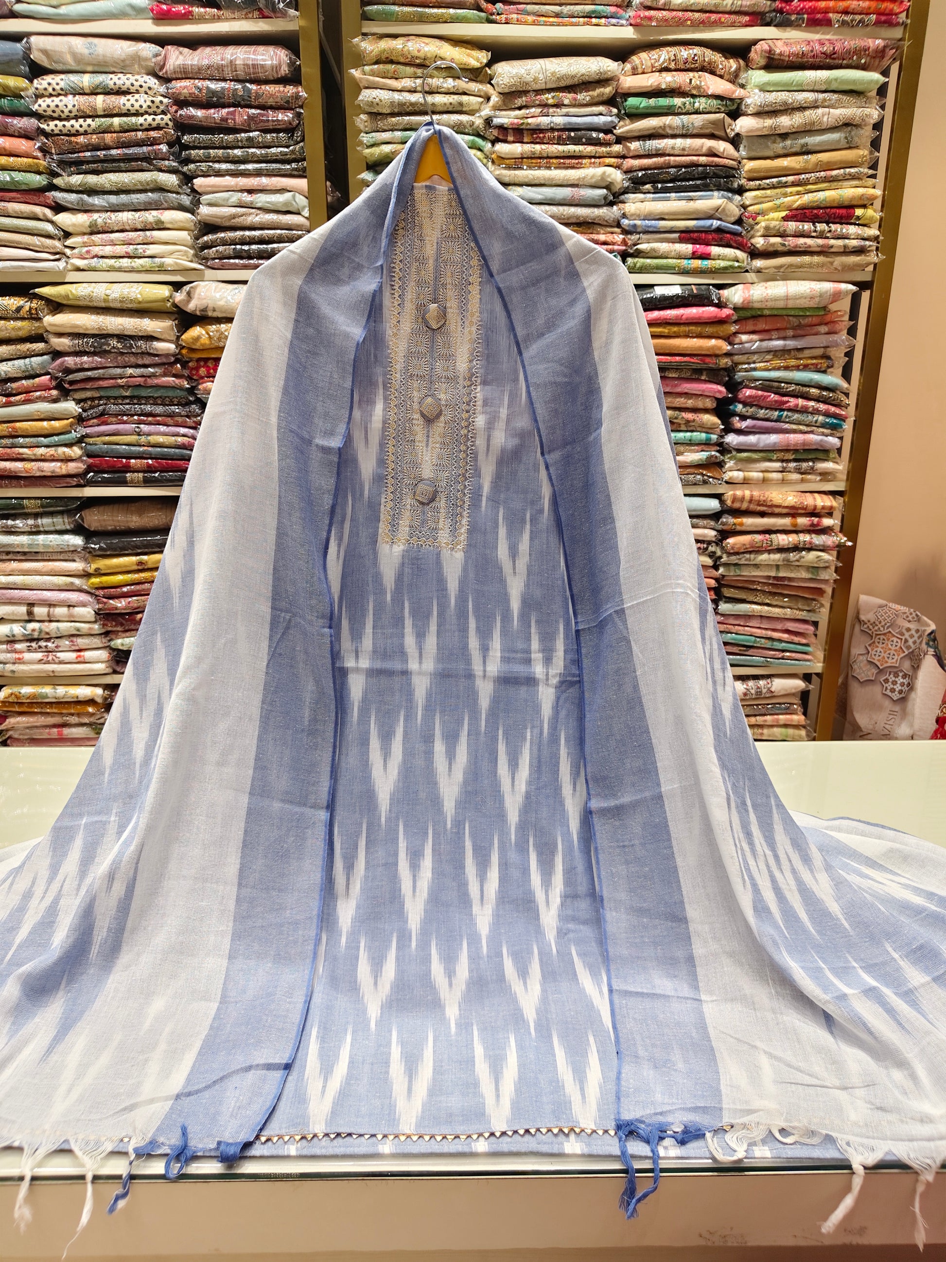 Blue linen suit set
Resham sequins work suit
Unstitched linen ethnic wear
Printed linen dupatta suit
Elegant festive linen outfit
