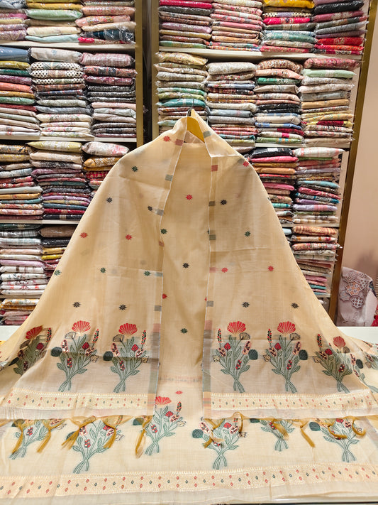Fawn cotton suit set
Zari resham work suit
Unstitched cotton ethnic wear
Cotton dupatta with thread hanging
Elegant festive cotton outfit
