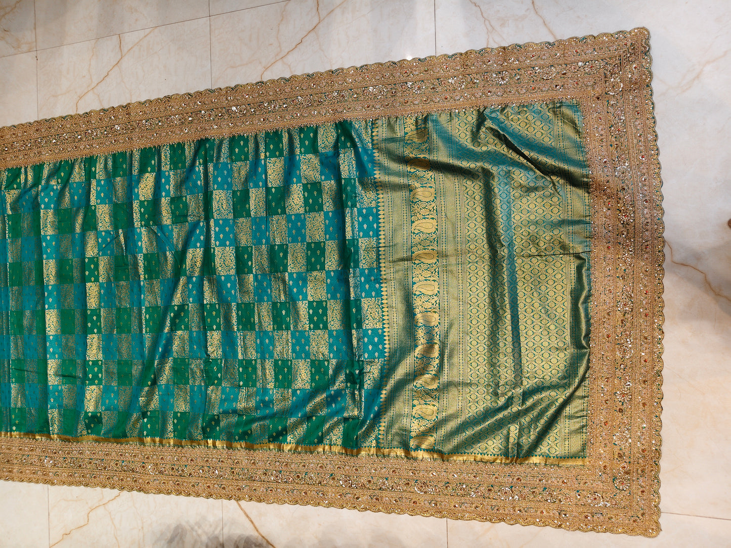 Bottle Green Silk Saree with Zari & Stone Work