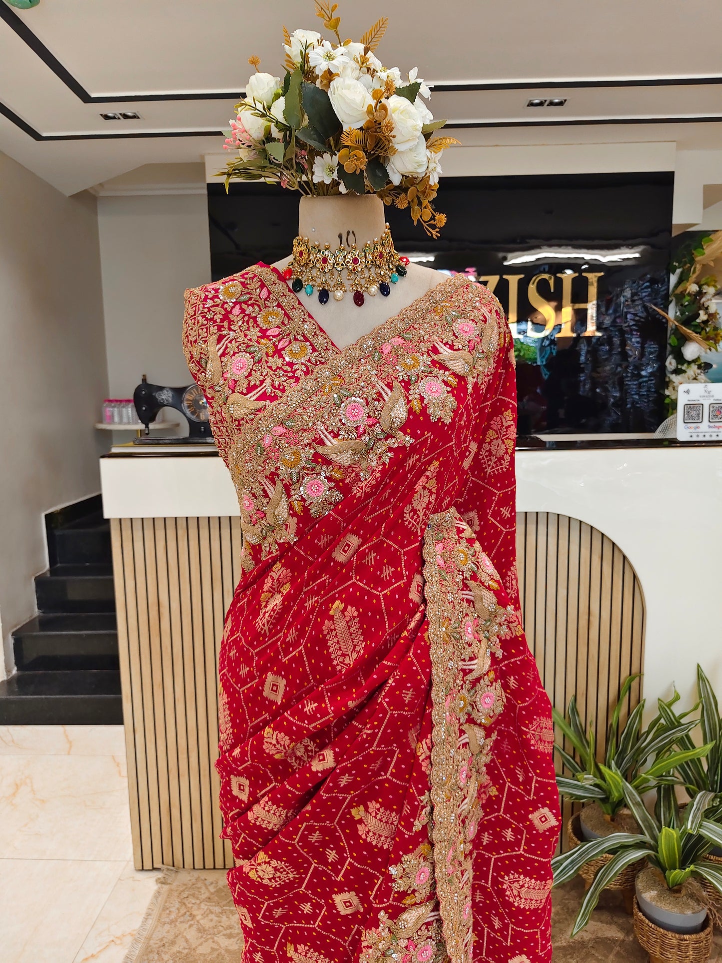 Red Khaddi Georgette Saree with Chunari & Zarkan Work