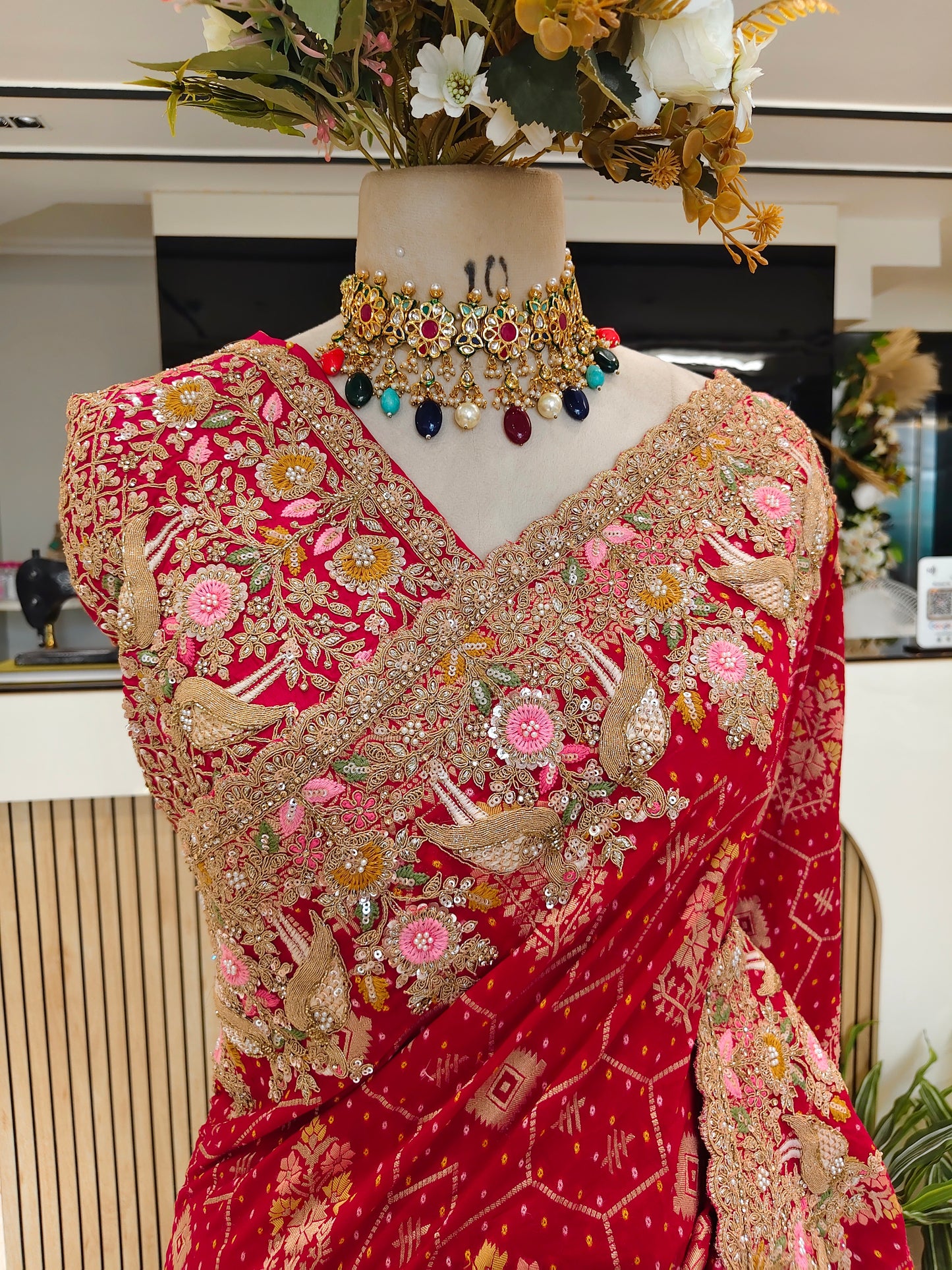 Red Khaddi Georgette Saree with Chunari & Zarkan Work