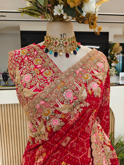 Red Khaddi Georgette Saree with Chunari & Zarkan Work