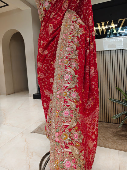 Red Khaddi Georgette Saree with Chunari & Zarkan Work