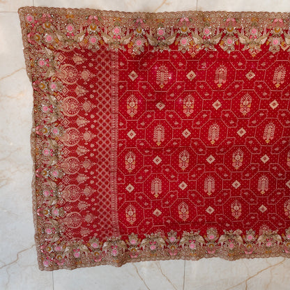 Red Khaddi Georgette Saree with Chunari & Zarkan Work