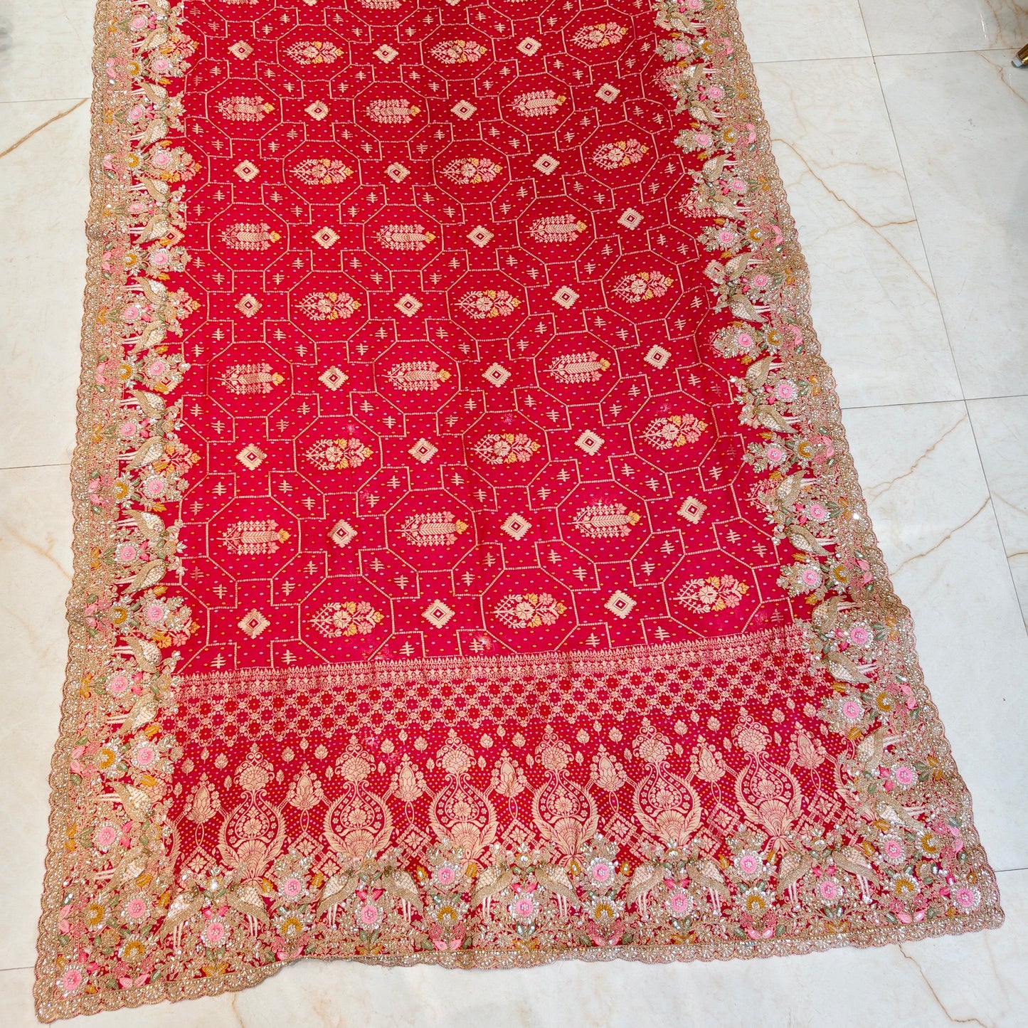 Red Khaddi Georgette Saree with Chunari & Zarkan Work