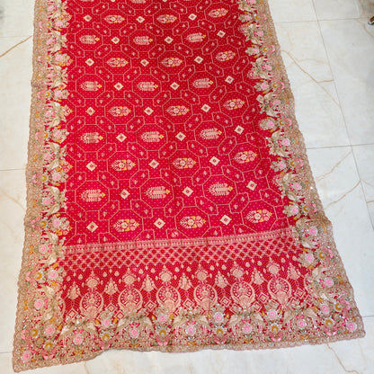 Red Khaddi Georgette Saree with Chunari & Zarkan Work