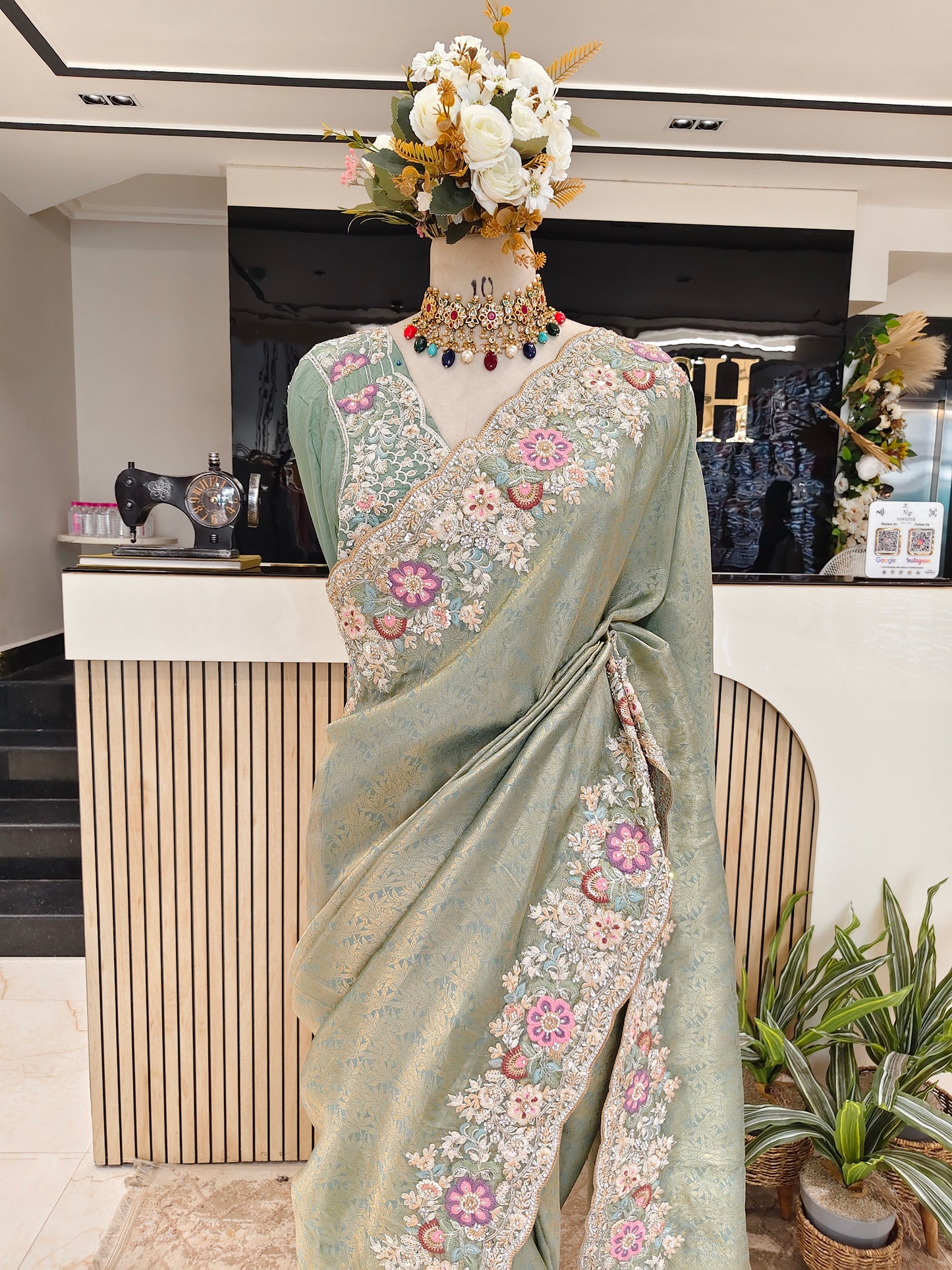 Sea Green Tissue Designer Saree