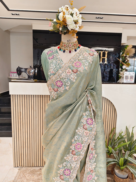 Sea Green Tissue Designer Saree