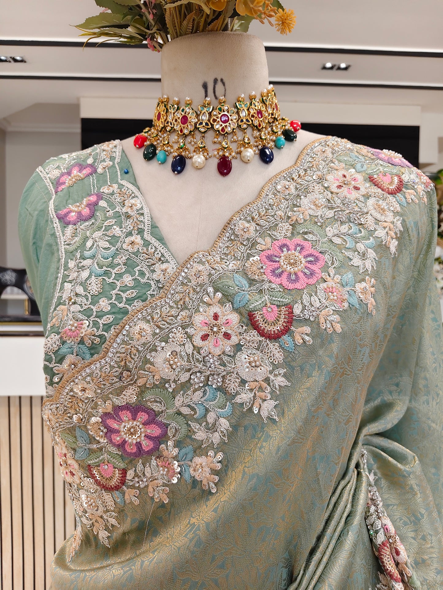 Sea Green Tissue Designer Saree