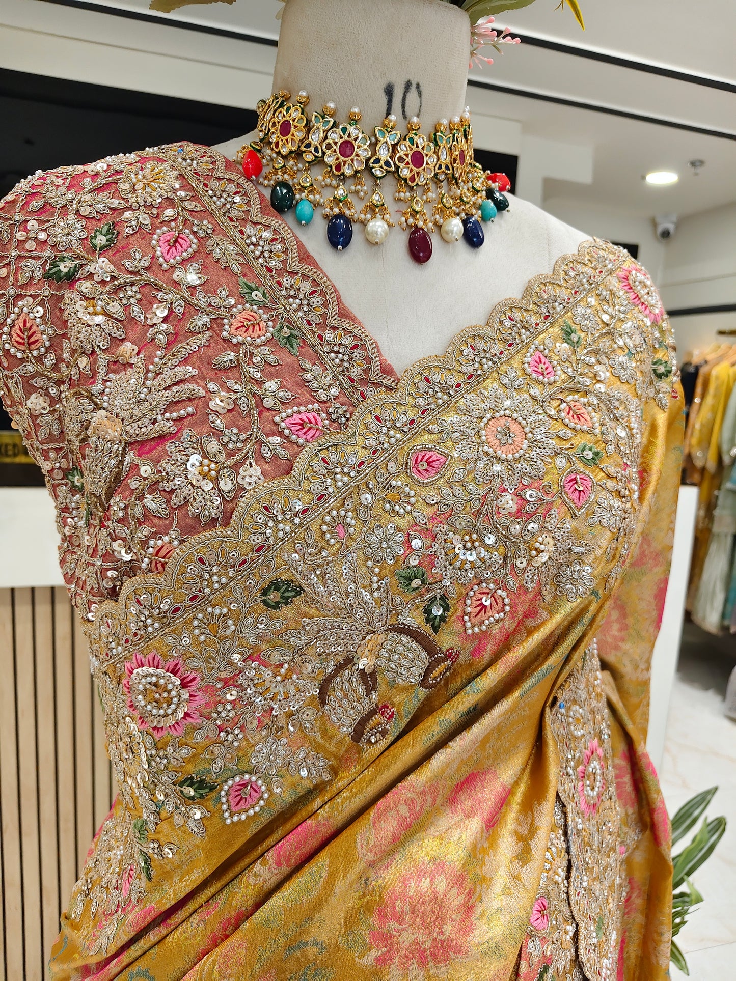 Mustard Gold Tissue Designer Saree