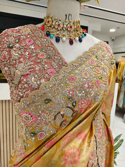 Mustard Gold Tissue Designer Saree