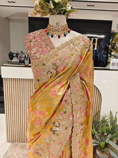 Mustard Gold Tissue Designer Saree