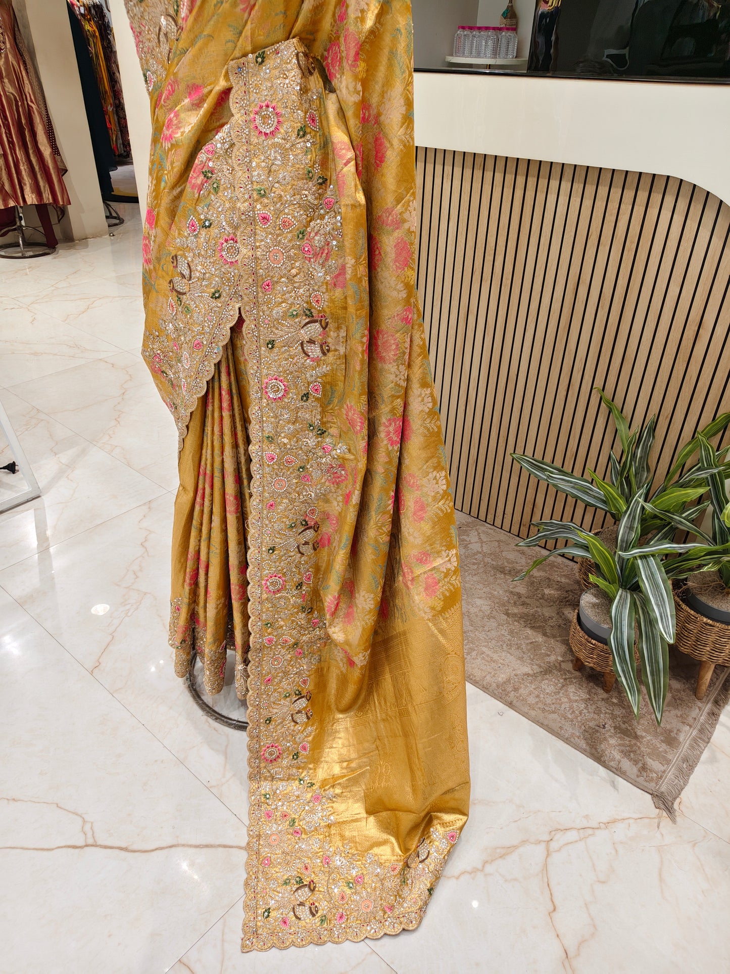 Mustard Gold Tissue Designer Saree