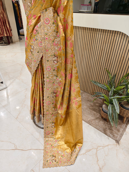 Mustard Gold Tissue Designer Saree