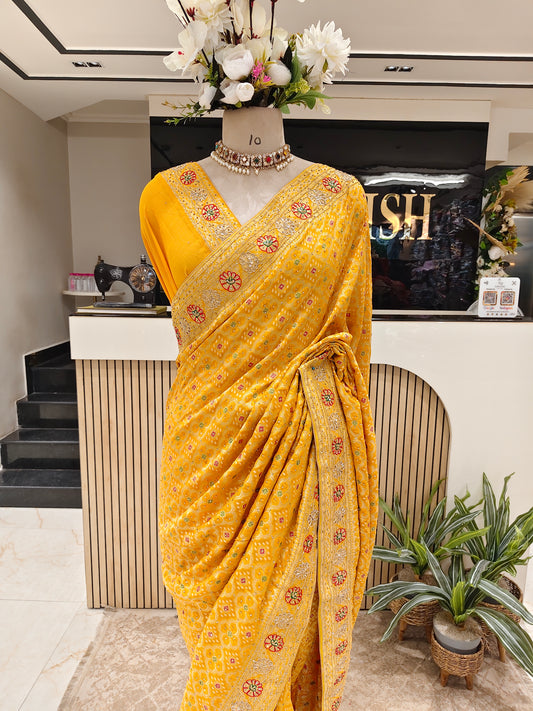 Yellow Georget Designer Saree