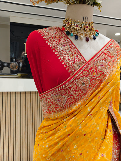 Yellow & Red Georget Designer Saree