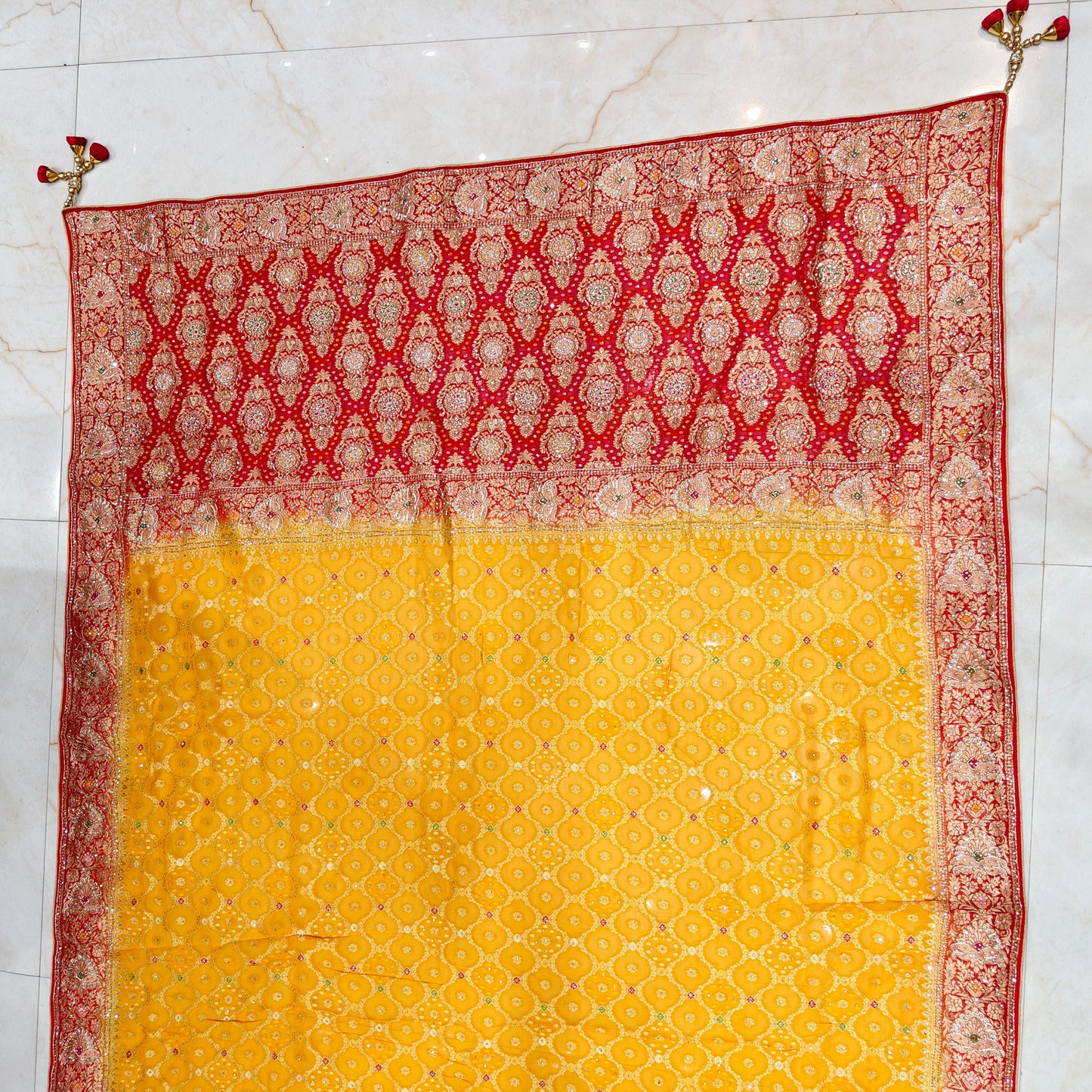 Yellow & Red Georget Designer Saree