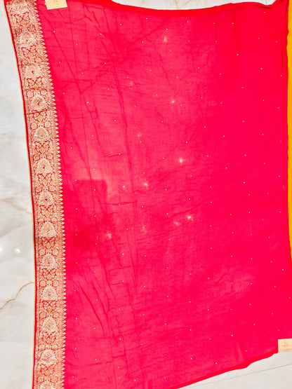 Yellow & Red Georget Designer Saree