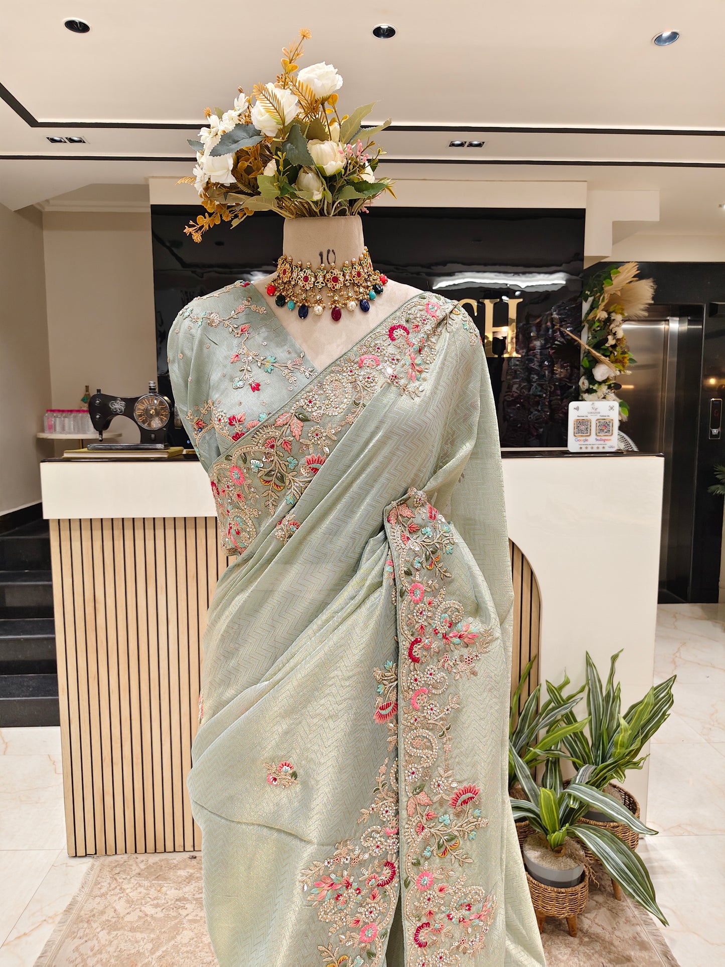 Sea Green Tissue Designer Saree