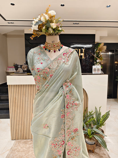 Sea Green Tissue Designer Saree