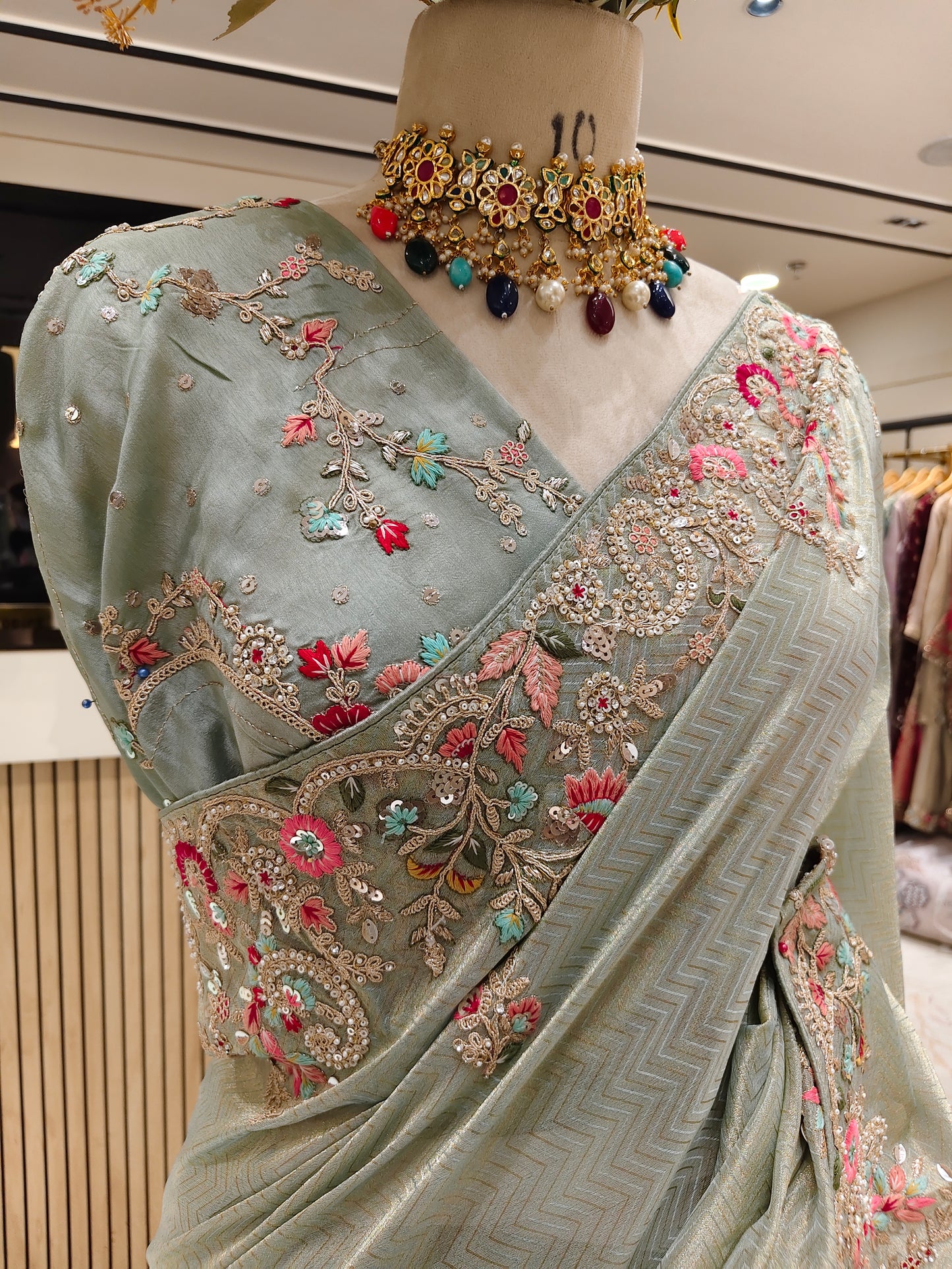 Sea Green Tissue Designer Saree