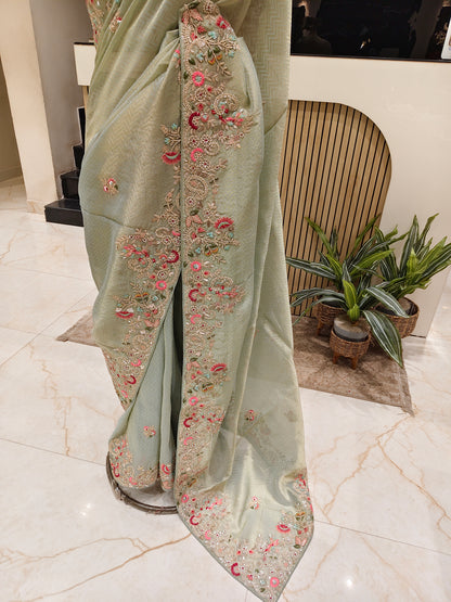 Sea Green Tissue Designer Saree