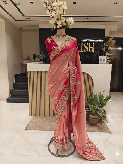 Pink Tissue Saree with Birds Motif & Zarkan Work