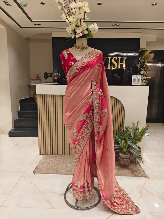 Pink Tissue Saree with Birds Motif & Zarkan Work
