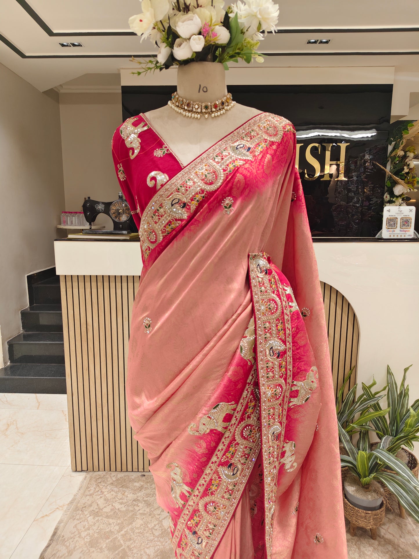 Pink Tissue Saree with Birds Motif & Zarkan Work