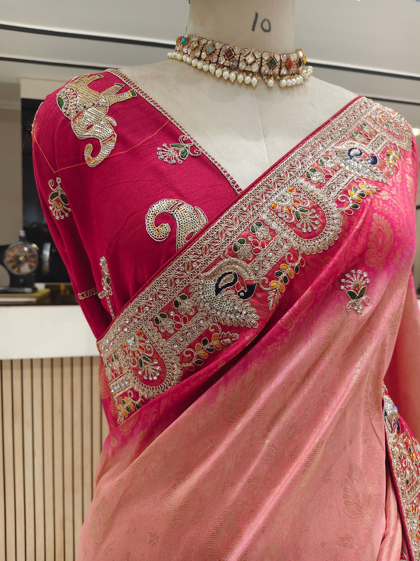 Pink Tissue Saree with Birds Motif & Zarkan Work