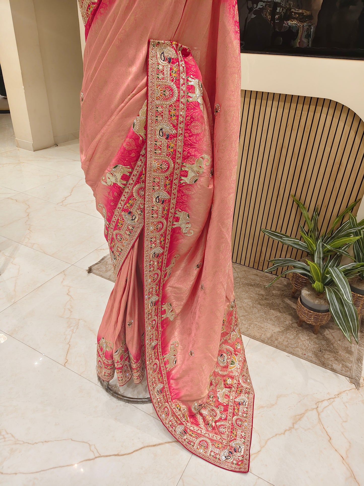 Pink Tissue Saree with Birds Motif & Zarkan Work