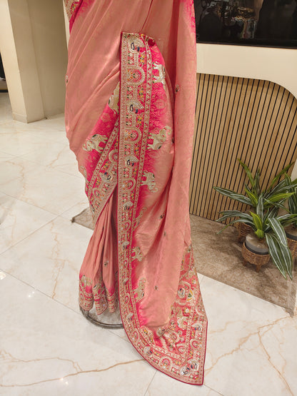 Pink Tissue Saree with Birds Motif & Zarkan Work