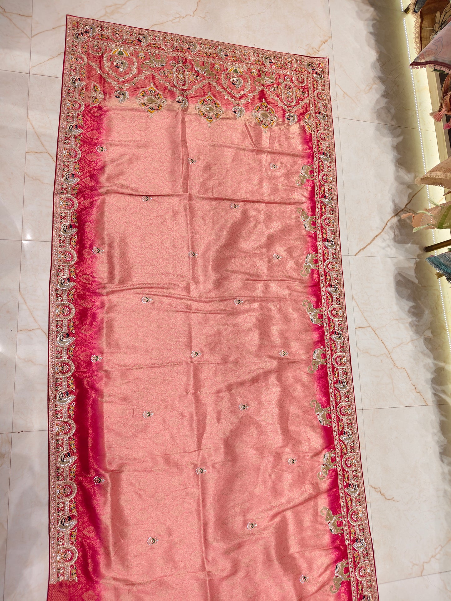 Pink Tissue Saree with Birds Motif & Zarkan Work