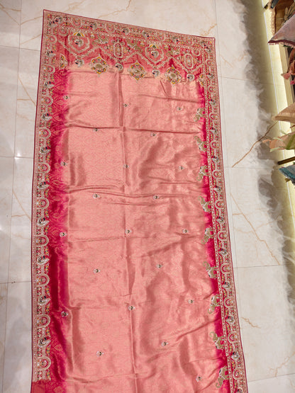 Pink Tissue Saree with Birds Motif & Zarkan Work