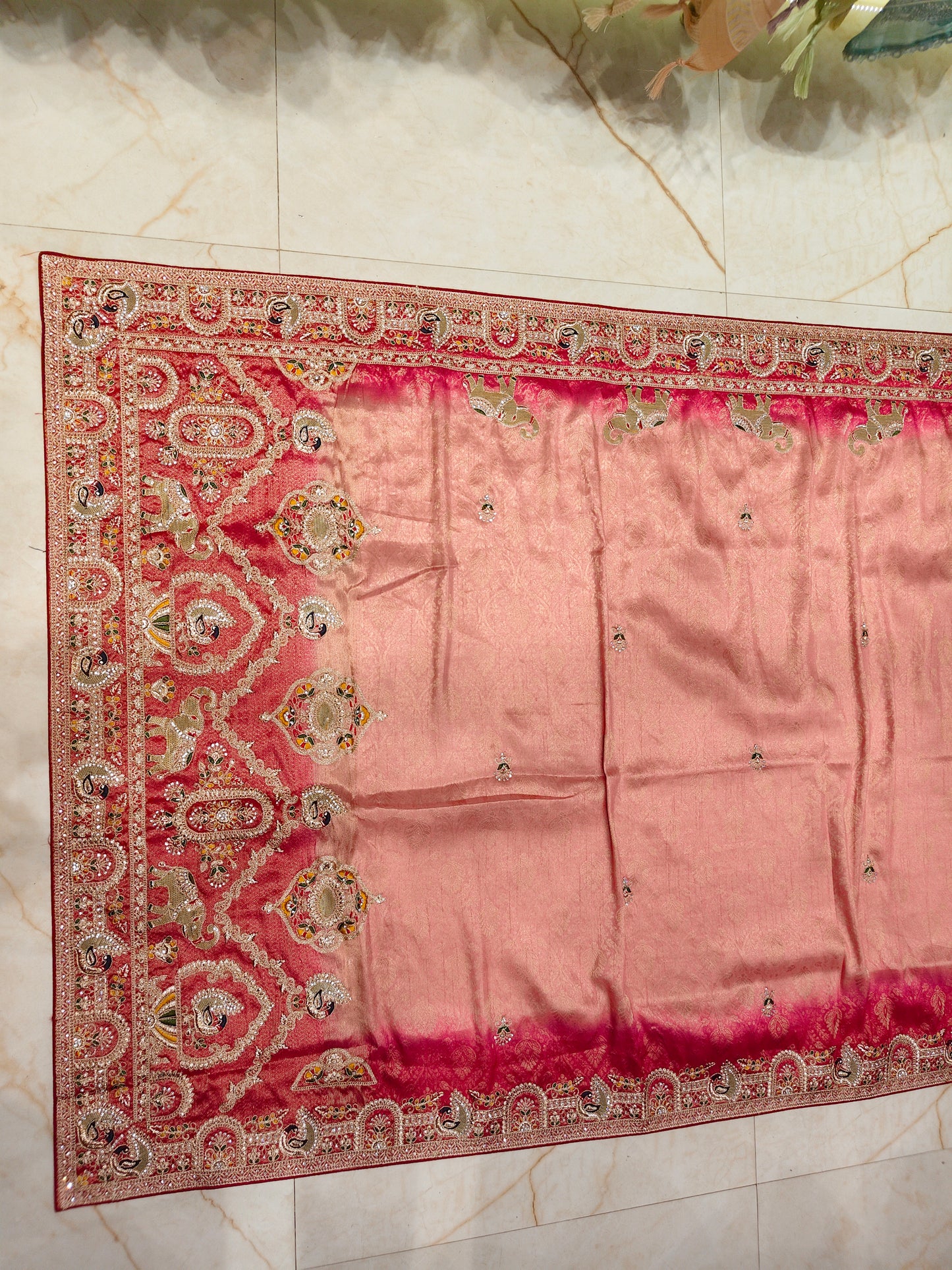 Pink Tissue Saree with Birds Motif & Zarkan Work