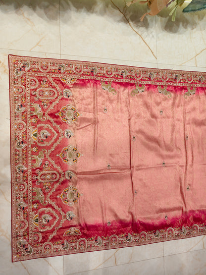 Pink Tissue Saree with Birds Motif & Zarkan Work