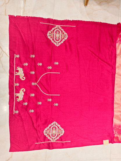 Pink Tissue Saree with Birds Motif & Zarkan Work