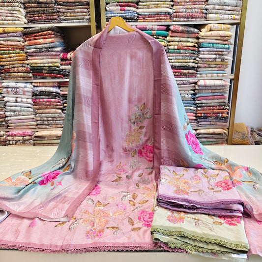 • Muslin Unstitched Suit
• Floral Print Suit Set India
• Zari Stone Work Suit
• Luxury Muslin Suit Lucknow
• Printed Dupatta Suit Set
