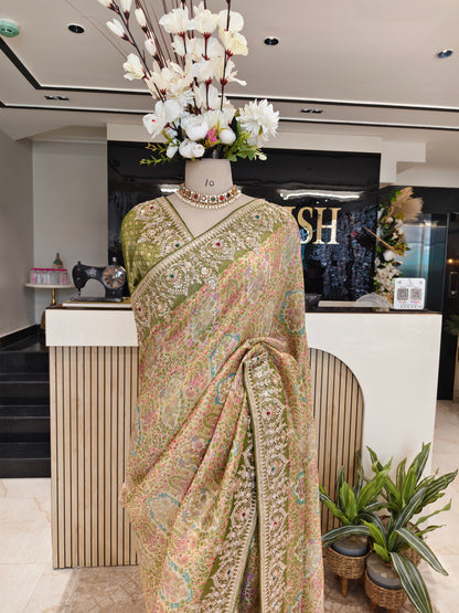 Mehndi Green Tissue Saree with Zarkan & Resham Work