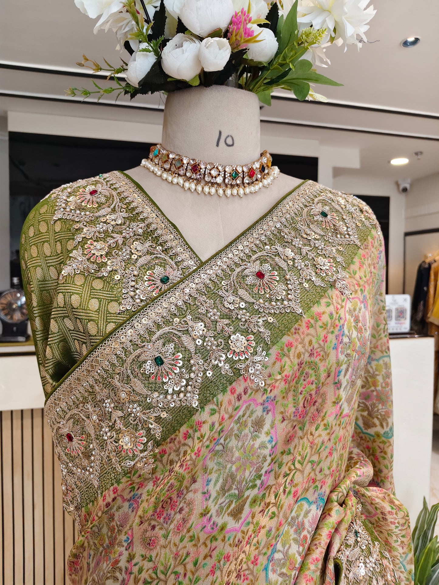 Mehndi Green Tissue Saree with Zarkan & Resham Work