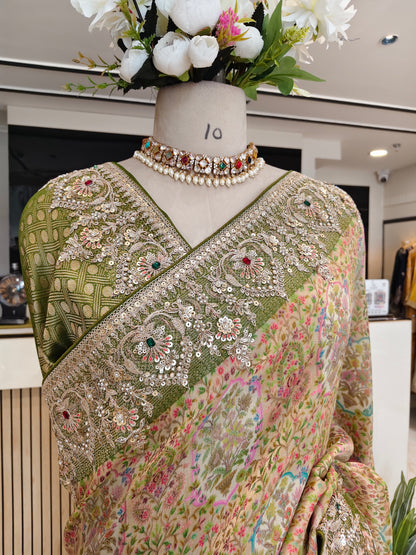 Mehndi Green Tissue Saree with Zarkan & Resham Work