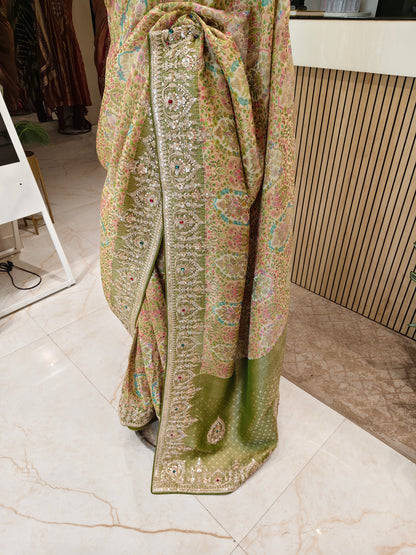 Mehndi Green Tissue Saree with Zarkan & Resham Work