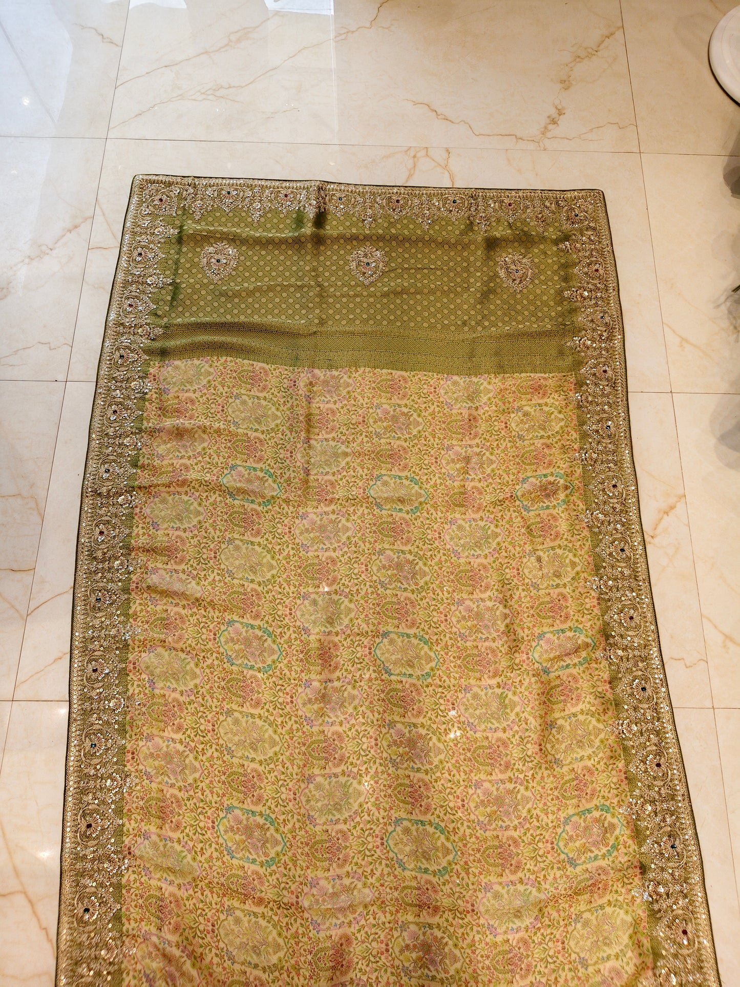 Mehndi Green Tissue Saree with Zarkan & Resham Work