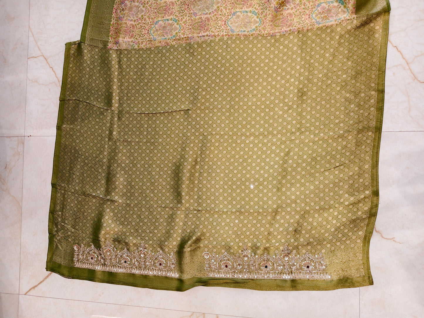 Mehndi Green Tissue Saree with Zarkan & Resham Work